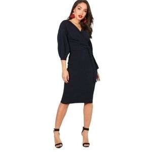 BOOHOO Black Faux Wrap Balloon Sleeve MIDI Dress Sz 18